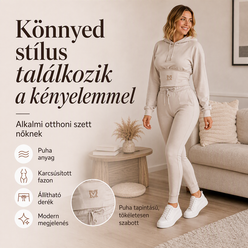 Női derékban összehúzott kapucnis pulóver és nadrág szett