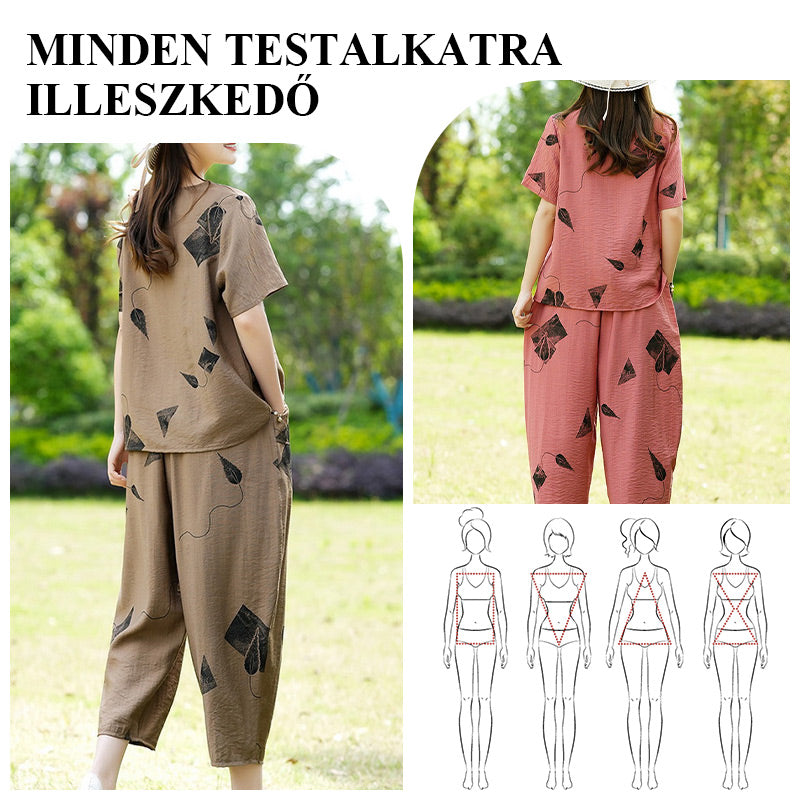 💞 Női Mintás Rövid Ujjú Felső És Széles Szárú Cropped Nadrág Szett