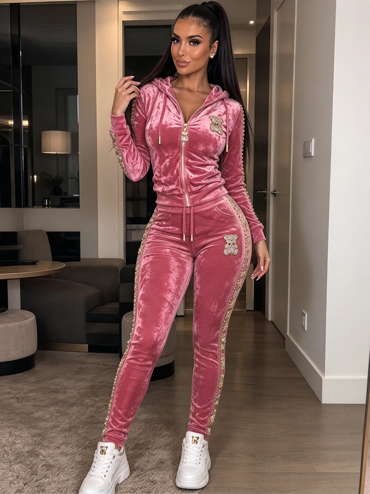 Women's Fashion Rhinestone Teddy Bear Two-Piece Set
