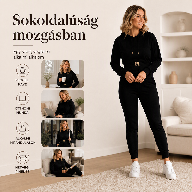 Női derékban összehúzott kapucnis pulóver és nadrág szett