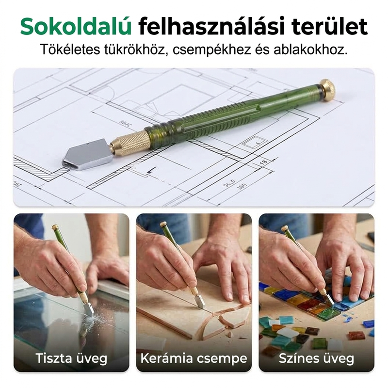 🛠️Professzionális gyémántvágó – edzett ötvözetből készült görgőkkel, amelyek precíz vágást tesznek lehetővé üvegen és csempén egyaránt.