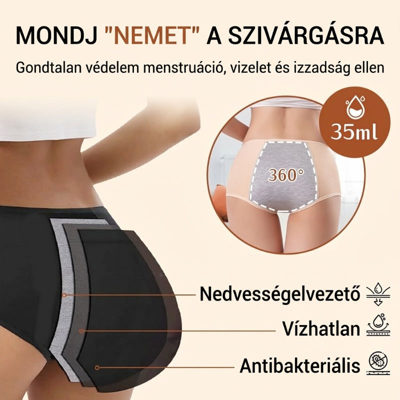 🍃 Magas derékú, elöl-hátul szivárgásgátló higiéniai bugyi, hatékonyan megakadályozza az oldalirányú szivárgást