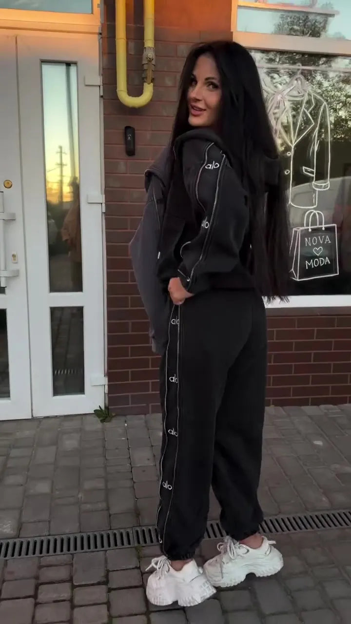 Acid-wash zip-up hoodie and sweatpants set with letter-print piping