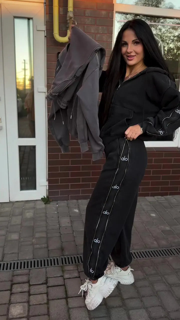 Acid-wash zip-up hoodie and sweatpants set with letter-print piping