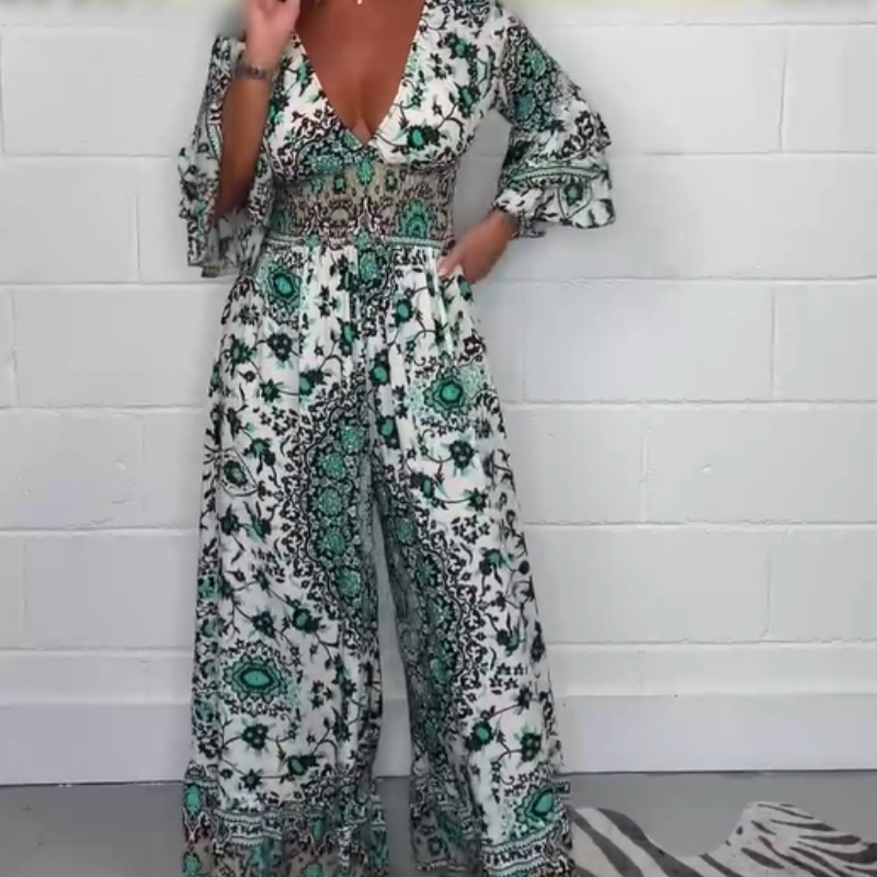 S-5XL🥰Női V-nyakú, nyomtatott Jumpsuit