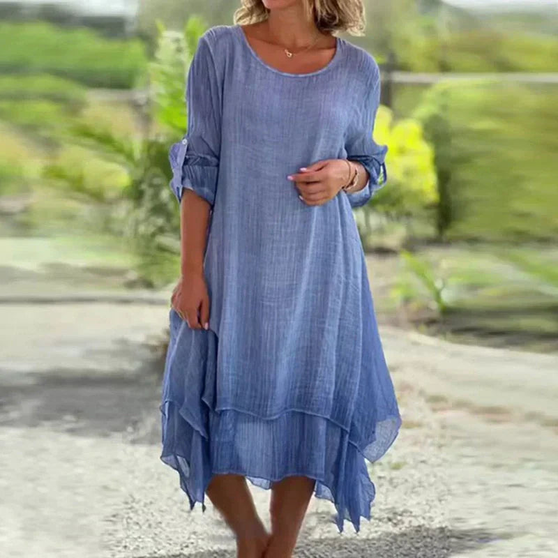 💕Női elegáns egyszínű egyszínű kerek nyakú laza illeszkedő ruha