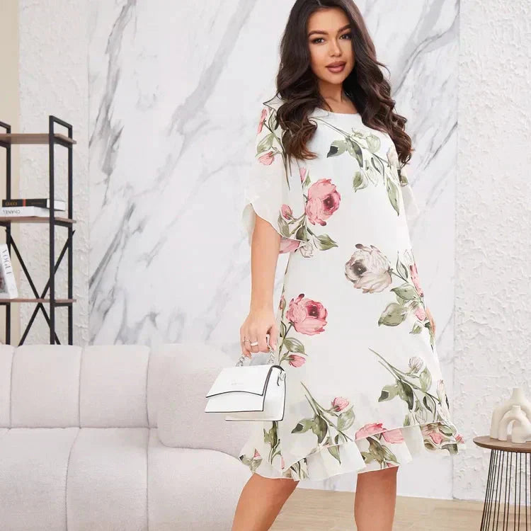 FORRÓ 50% 👗 Pirosas, Sziromszirmos, Világos Sifon Ruha