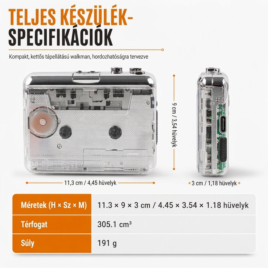 🎧 Átlátszó hordozható kazettalejátszó – Walkman stílus, kazetta–MP3 átalakító, Type-C ✨